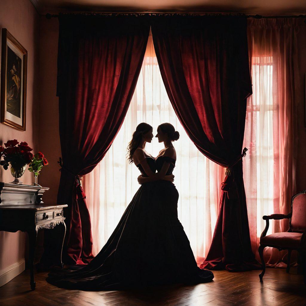 An ethereal scene depicting a soft, candle-lit room filled with lush, velvet fabrics and roses. A silhouette of a couple embracing, highlighting their closeness and intimacy, framed by gentle, flowing curtains. The atmosphere radiates warmth and passion, with flickering shadows dancing on the walls. Use rich reds and soft pinks to evoke feelings of affection and romance. super-realistic. vibrant colors. intimate ambiance.